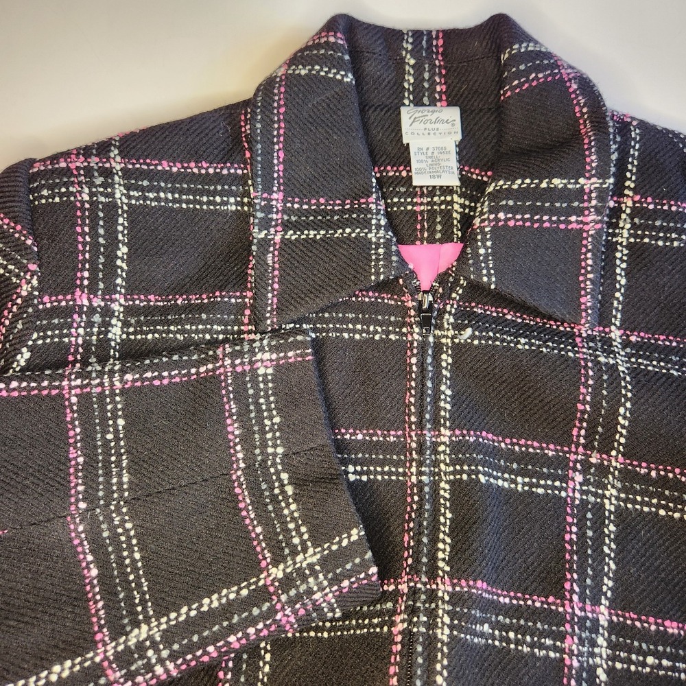 GIORGIO FIORLINI Tweed Windowpane Blazer Jacket Women's 18W Black Neon Hot Pink